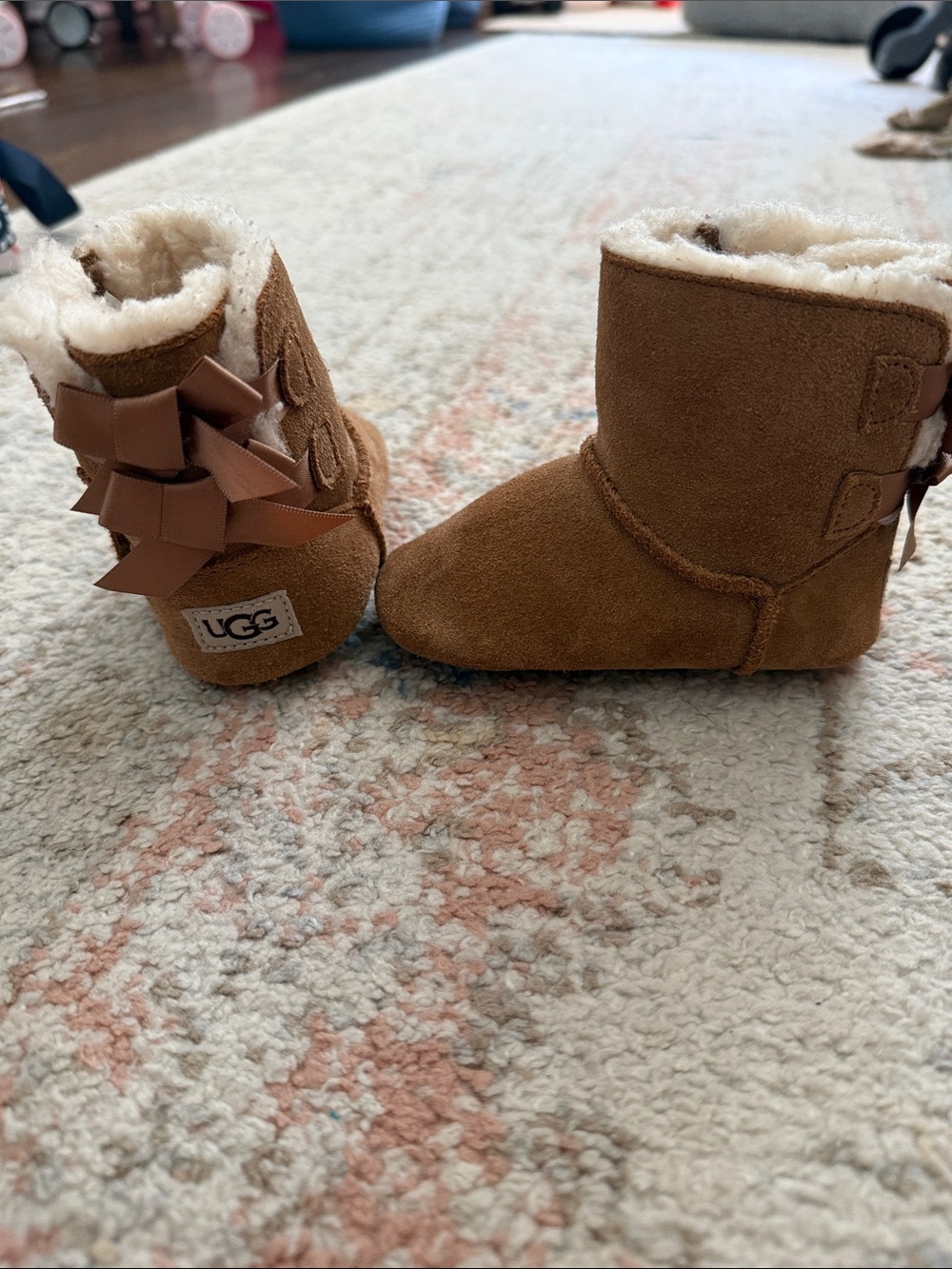 UGG Chestnut Suede Baby Boots with Back Bow Detail